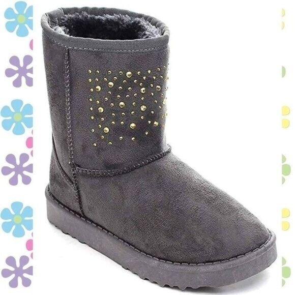 Via Pinky Grey Rivet Vegan Shearling Suede Fleece Boots NIB Winter Booties NEW - Picture 1 of 4